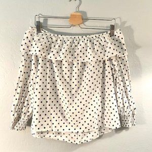 Zara Off Shoulder White & Navy Polka Dot Top